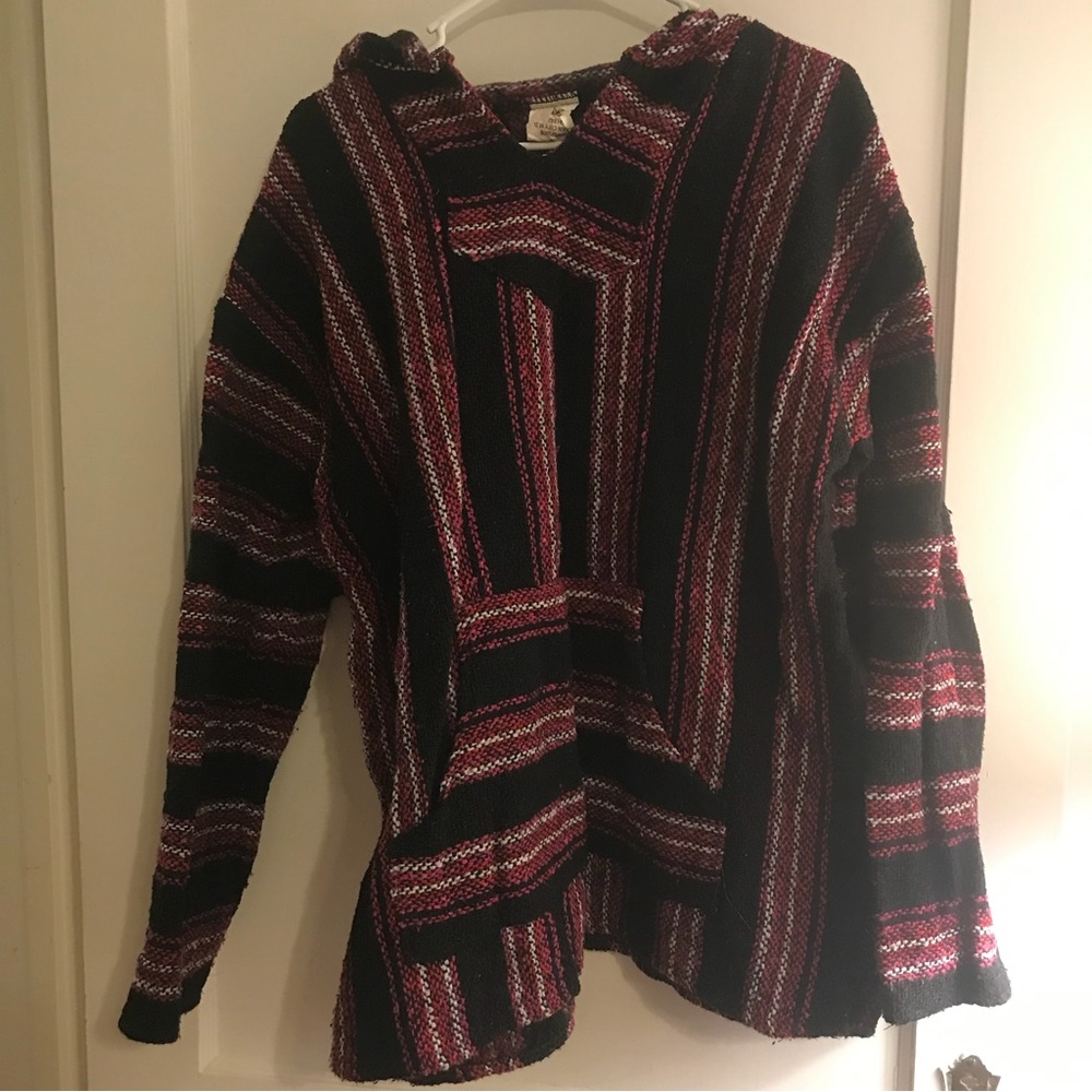 XL Mexican Baja Jacket Black w/Pink Red & White stripes Never worn